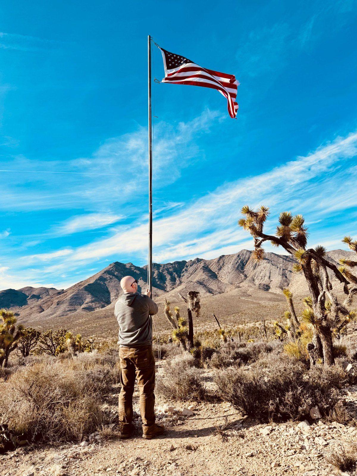 Raising the flag at the cabin