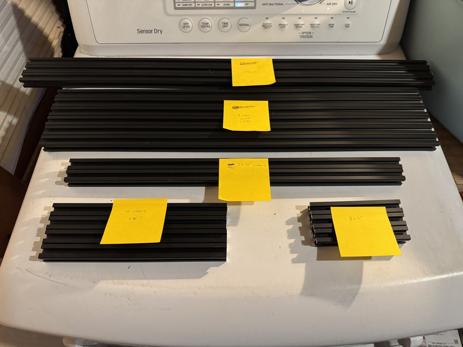 Extrusion cut to length and labeled by position with sticky notes