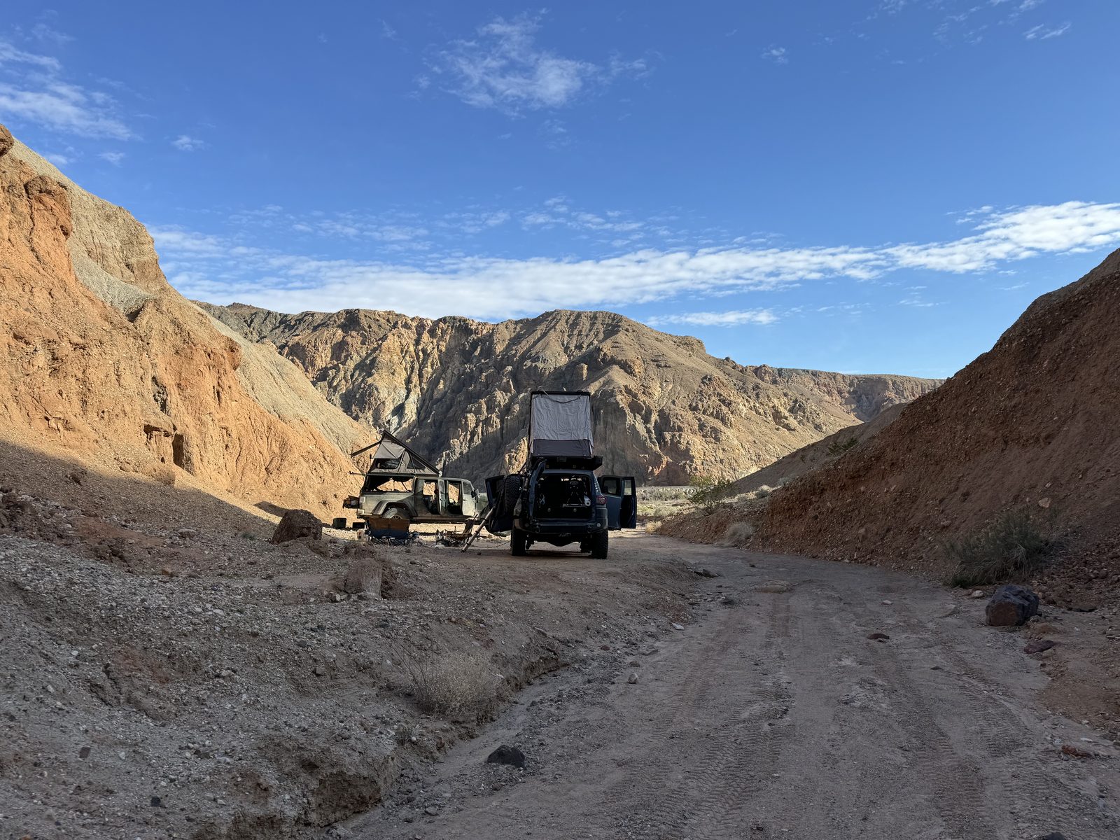 Camp in the red-walled wash of Afton Canyon