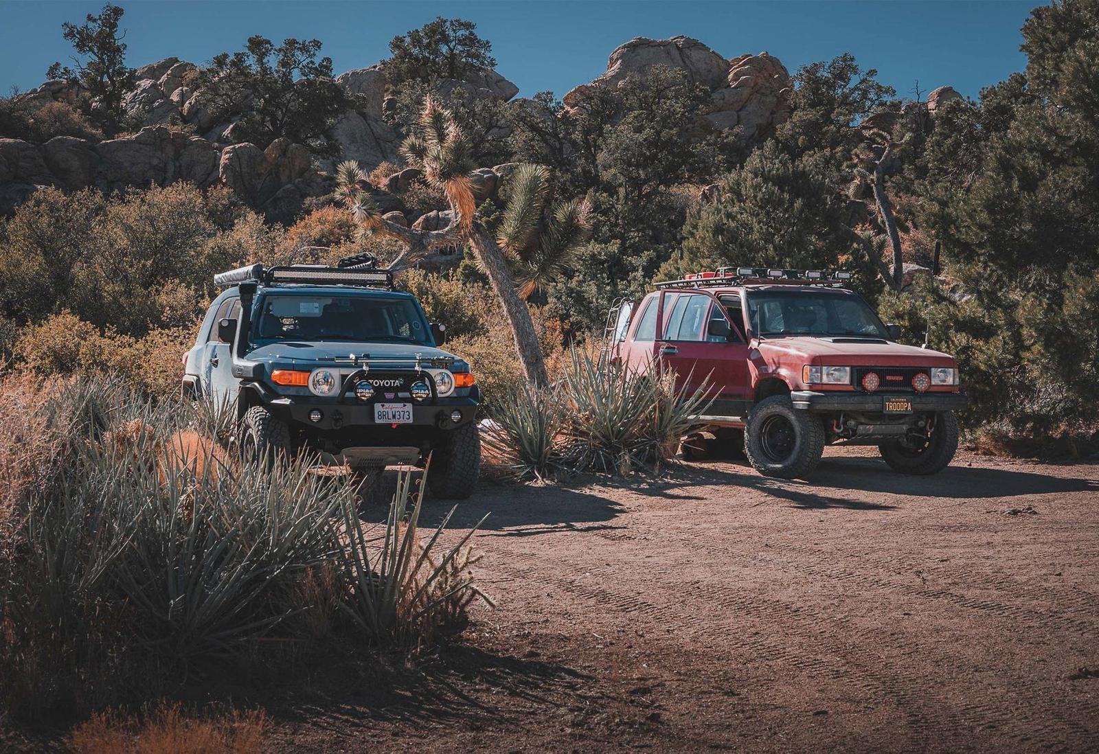 Two rigs at camp in the Joshua trees
