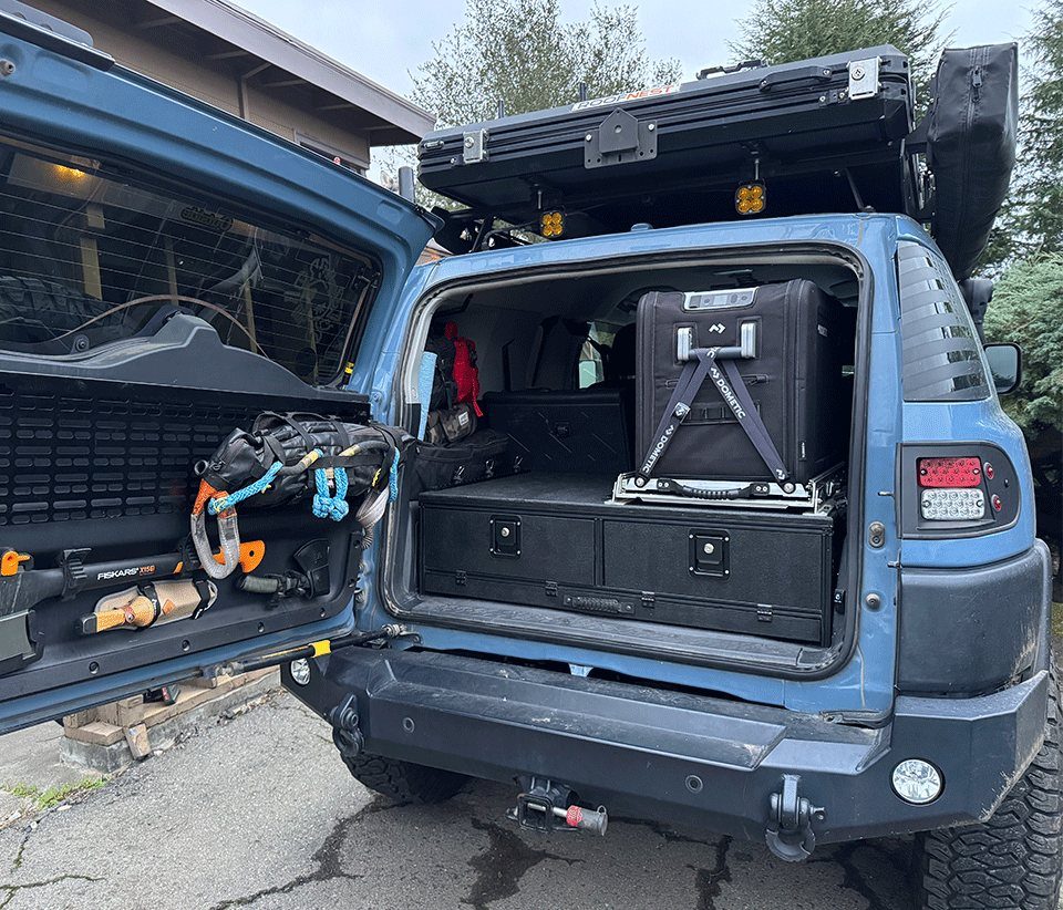 FJ with the hatch open, drawers packed
